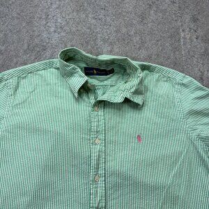 Ralph Lauren Seersucker Shirt Men XL Green White Striped Short Sleeve Classic